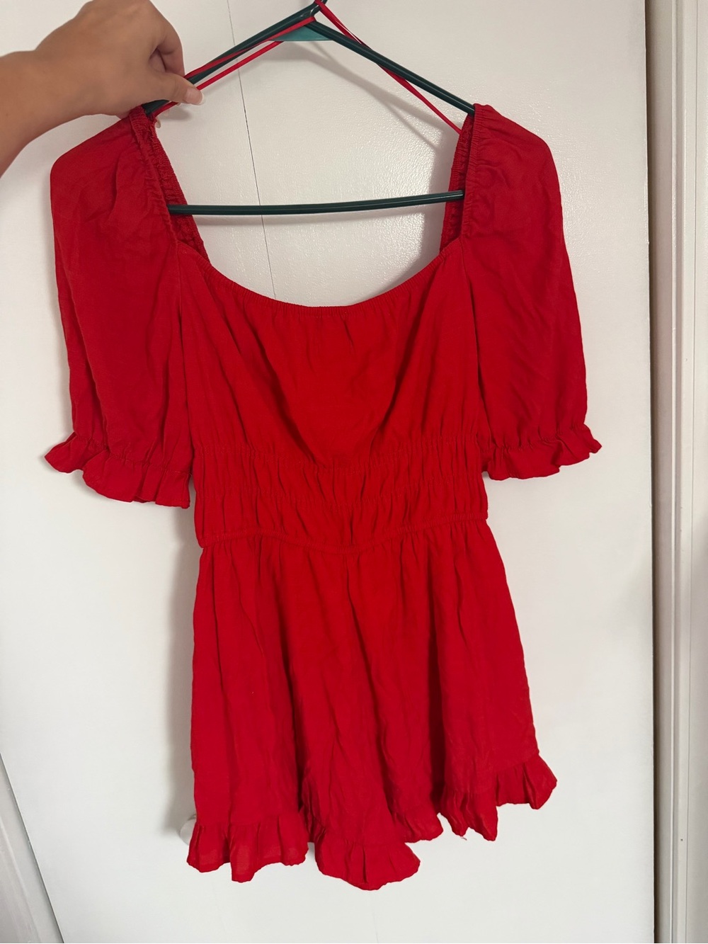 Blue Rain Red Smocked Waist Romper with Puff Sleeves